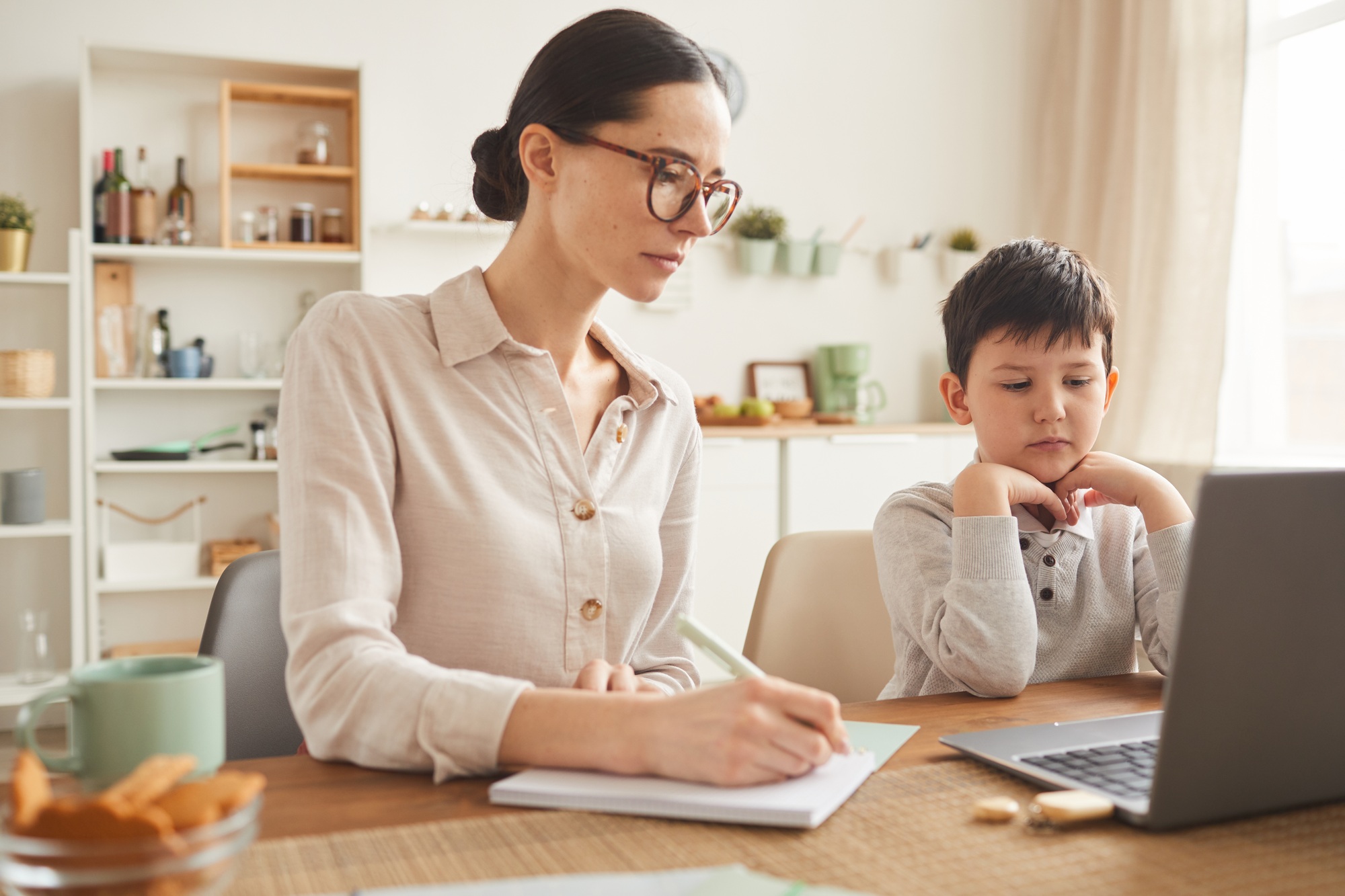 Mother and Son Doing Homework Together