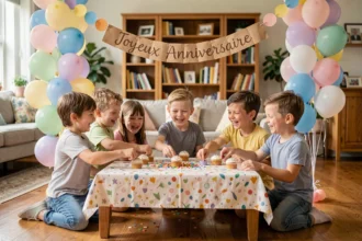 Fête d'anniversaire d'enfants décorée avec des guirlandes colorées et des cupcakes maison dans un salon familial chaleureux