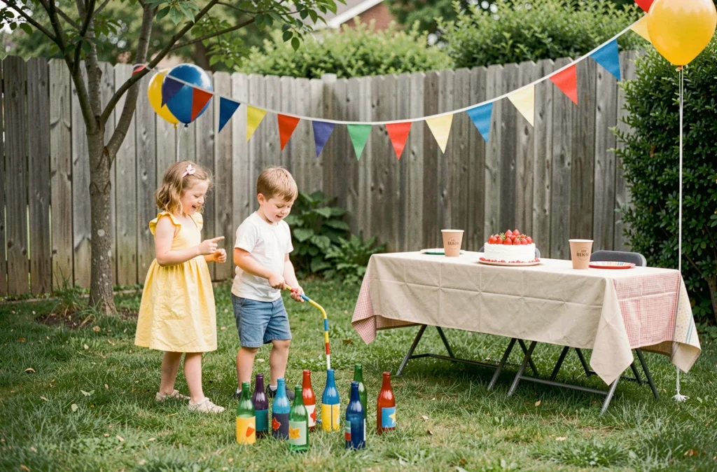 Anniversaire d'enfant en plein air dans un jardin avec jeux DIY, gâteau maison et décorations économiques en papier