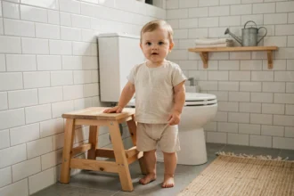 Tout-petit utilisant un petit marchepied en bois Montessori à côté de toilettes adaptées dans une salle de bain minimaliste