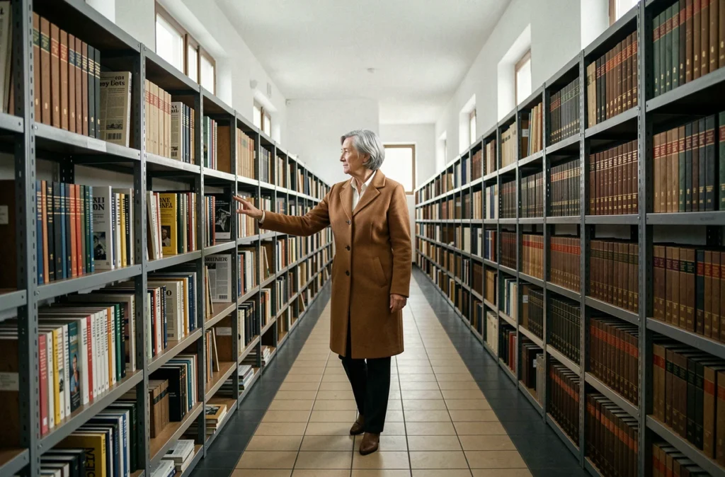 Femme journaliste explorant des archives historiques de presse dans un couloir institutionnel français