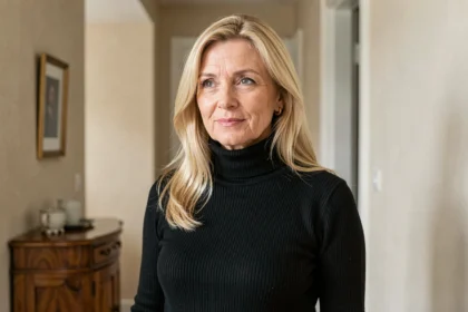 Femme élégante aux cheveux blonds dans un couloir parisien, évoquant la discrétion et la vie privée d'une célébrité française