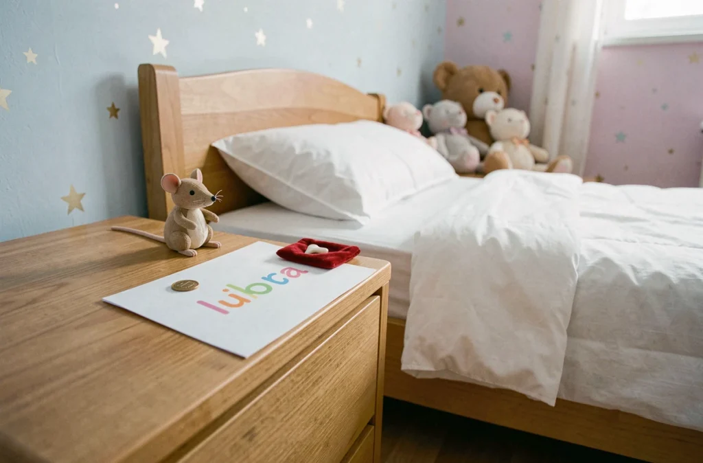 Chambre d'enfant avec lettre personnalisée de la petite souris, figurine de souris, dent de lait et pièce sur une table de nuit en bois