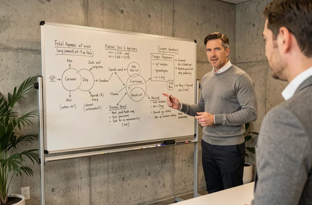 Consultant professionnel expliquant sa stratégie devant un tableau blanc dans une salle de réunion épurée, représentant l'expertise métier et le conseil en positionnement
