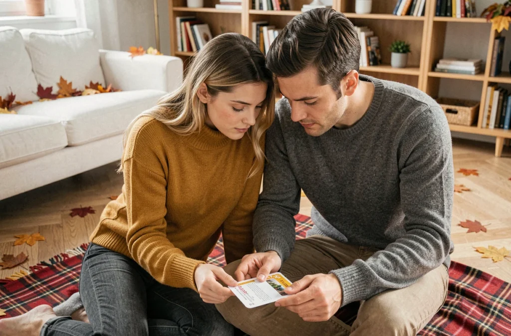 Couple découvrant ensemble une carte à gratter de demande en mariage dans un appartement cosy