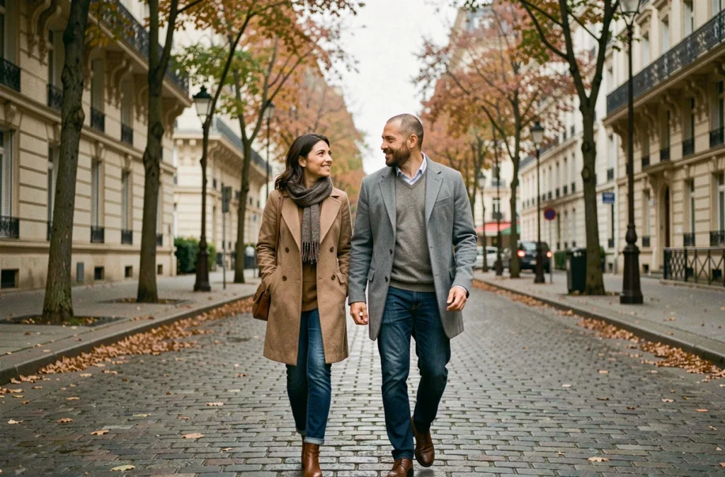 Couple discret se promenant dans une rue pavée de Paris en automne, style éditorial