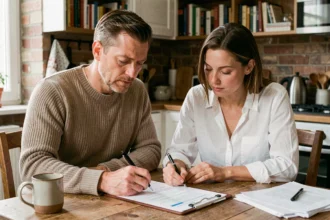 Couple signant une attestation sur l'honneur de vie commune à leur table de cuisine dans un appartement français