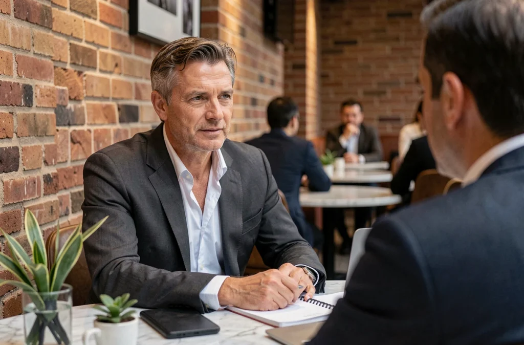 Professionnel en costume charbon lors d'un entretien dans un café parisien, illustrant la mise en valeur du parcours métier et du positionnement de carrière