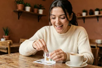 Femme découvrant une demande en mariage sur une carte à gratter personnalisée dans un café chaleureux
