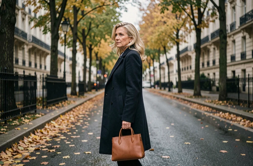 Femme blonde marchant seule sur un boulevard parisien en automne, symbolisant la vie secrète et la maternité discrète d'une célébrité