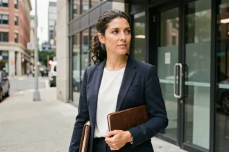 Femme journaliste devant un immeuble de médias parisien, portrait éditorial discret