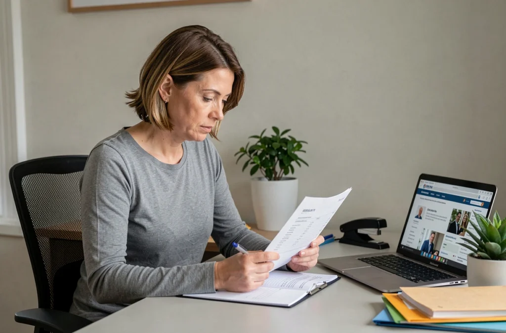 Femme lisant attentivement une attestation sur l'honneur de vie commune avec les mentions obligatoires dans un bureau à domicile