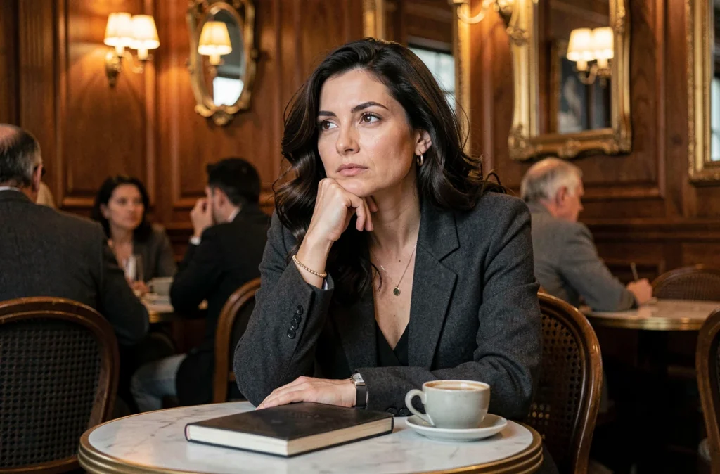 Femme pensive dans un café parisien, portrait intimiste au style éditorial