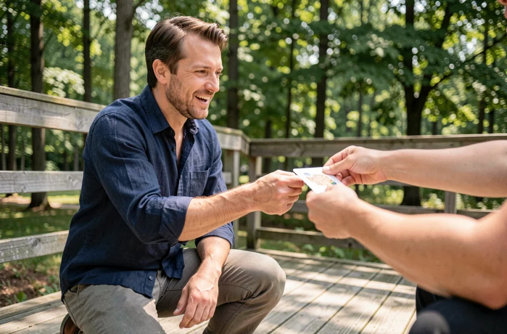 Homme faisant une demande en mariage avec une carte à gratter personnalisée dans un parc ensoleillé