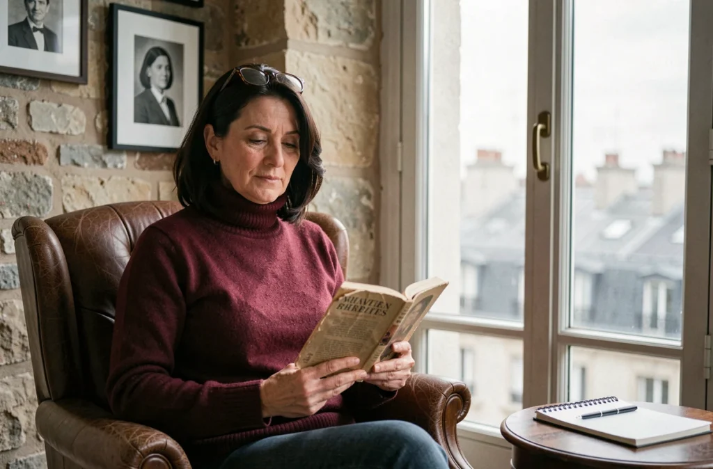 Portrait intimiste d'une journaliste lisant dans un appartement parisien avec vue sur les toits, atmosphère personnelle