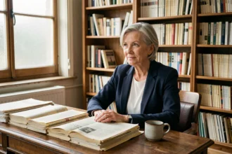 Journaliste française consultent des archives de presse dans un bureau éditorial vintage, ambiance documentaire