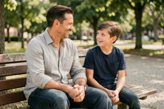 Julian Bugier père et fils assis sur un banc de parc en conversation complice, valeurs familiales et transmission père-enfant