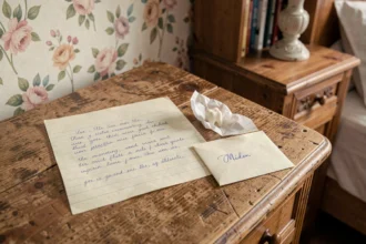 Lettre manuscrite personnalisée de la petite souris posée sur un bureau en bois avec une petite dent de lait et une enveloppe miniature