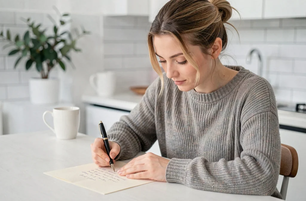Maman écrivant une lettre personnalisée de la petite souris pour son enfant à une table de cuisine moderne
