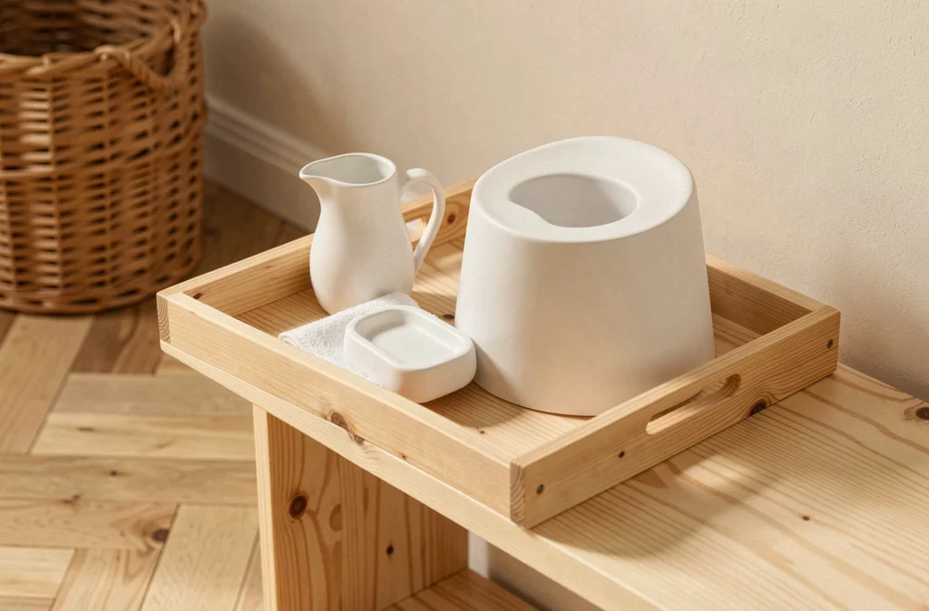 Matériel Montessori pour l'apprentissage de la propreté disposé sur une étagère en bois à hauteur d'enfant