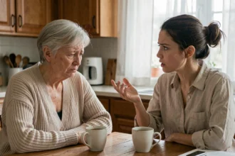 Mère âgée et fille adulte lors d'une conversation tendue autour d'une table de cuisine, expression blessée et frustrée
