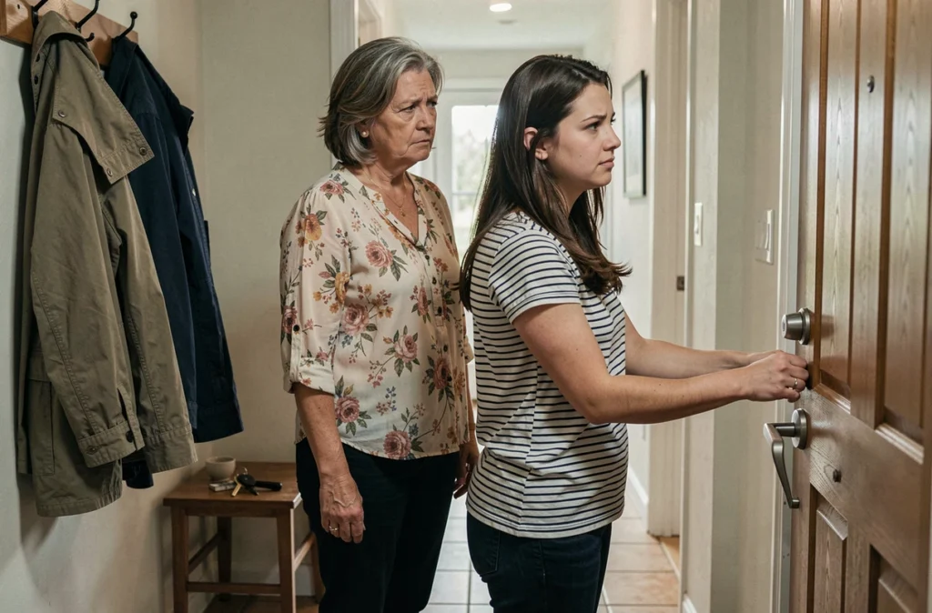 Mère et fille adulte dans un couloir d'entrée, la fille part avec une expression froide tandis que la mère la regarde avec tristesse
