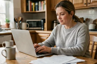 Mère attentive lisant un article fiable sur son ordinateur portable dans une cuisine familiale chaleureuse