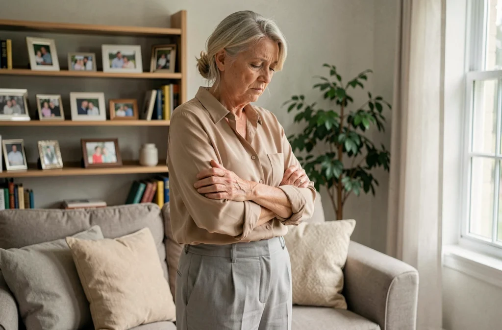 Femme mature seule dans un salon, les bras croisés, l'air triste et perplexe après une dispute avec sa fille adulte
