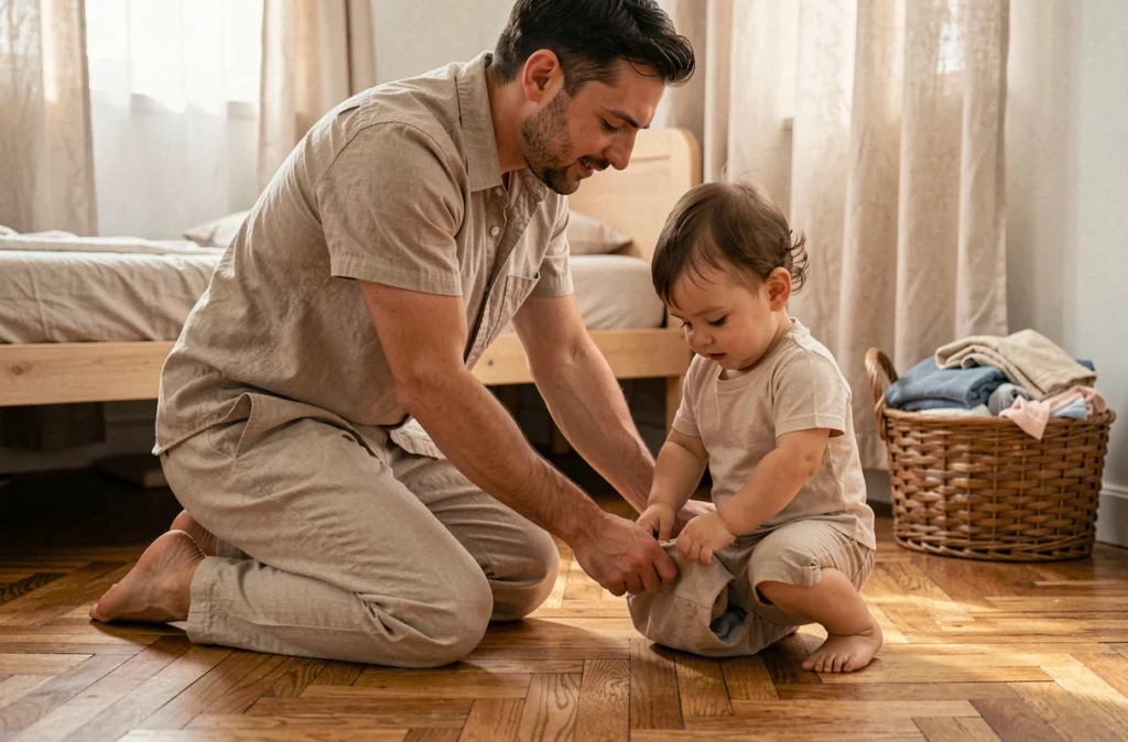 Parent accompagnant un tout-petit dans l'apprentissage de la propreté selon la méthode Montessori dans une chambre aménagée