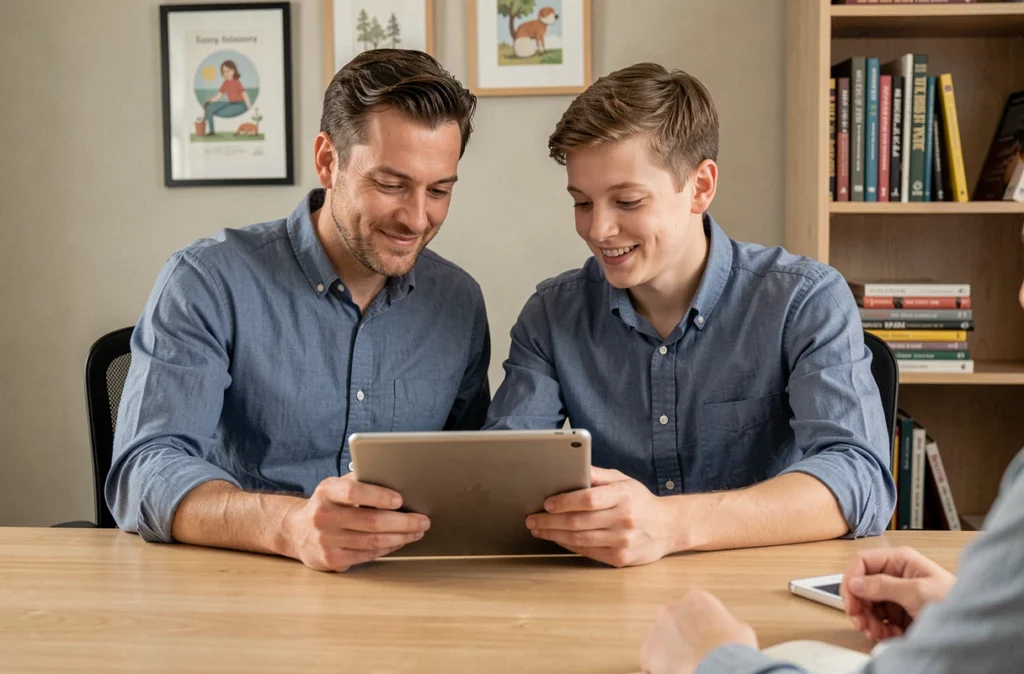 Parent et enfant explorant ensemble un contenu éducatif sur une tablette dans un bureau organisé à la maison