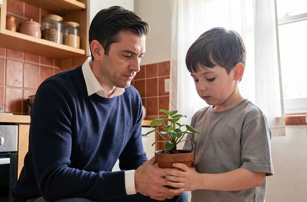 Père et jeune fils plantant ensemble dans la cuisine familiale, transmission des valeurs de responsabilité et de nature