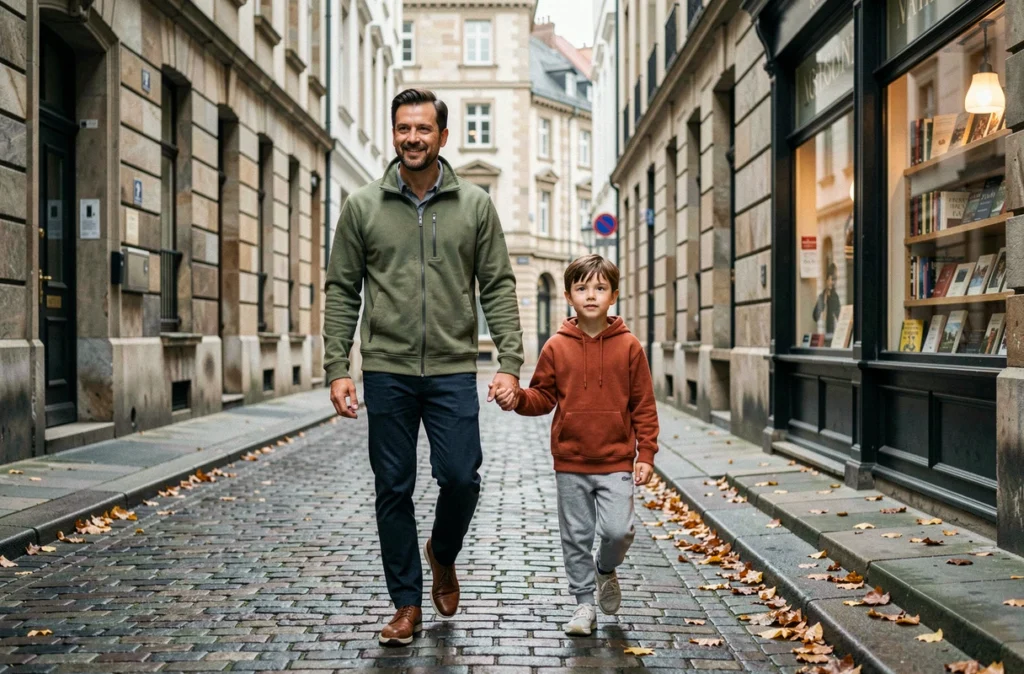 Père et fils se promenant main dans la main dans une rue pavée en automne, transmettre la curiosité et la culture à son enfant