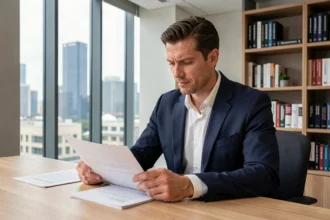Professionnel en blazer marine analysant des documents dans un bureau moderne avec vue sur la ville, illustrant un positionnement professionnel affirmé