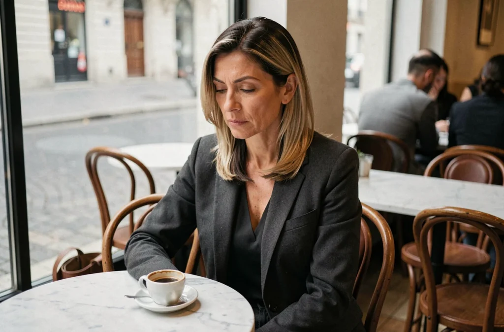 Femme mystérieuse assise dans un café parisien, illustrant la discrétion et le secret autour de la maternité d'une star française