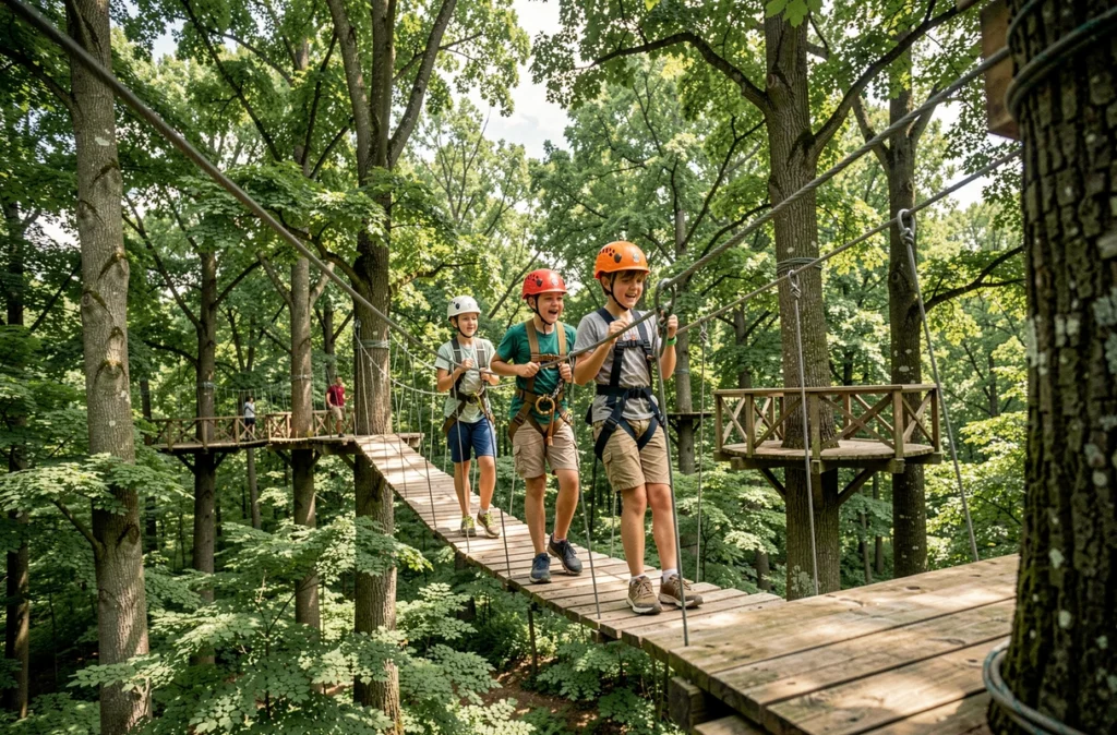 Un père et ses enfants traversent un pont de cordes dans les arbres lors d'une séance d'Arb'aventure en forêt normande