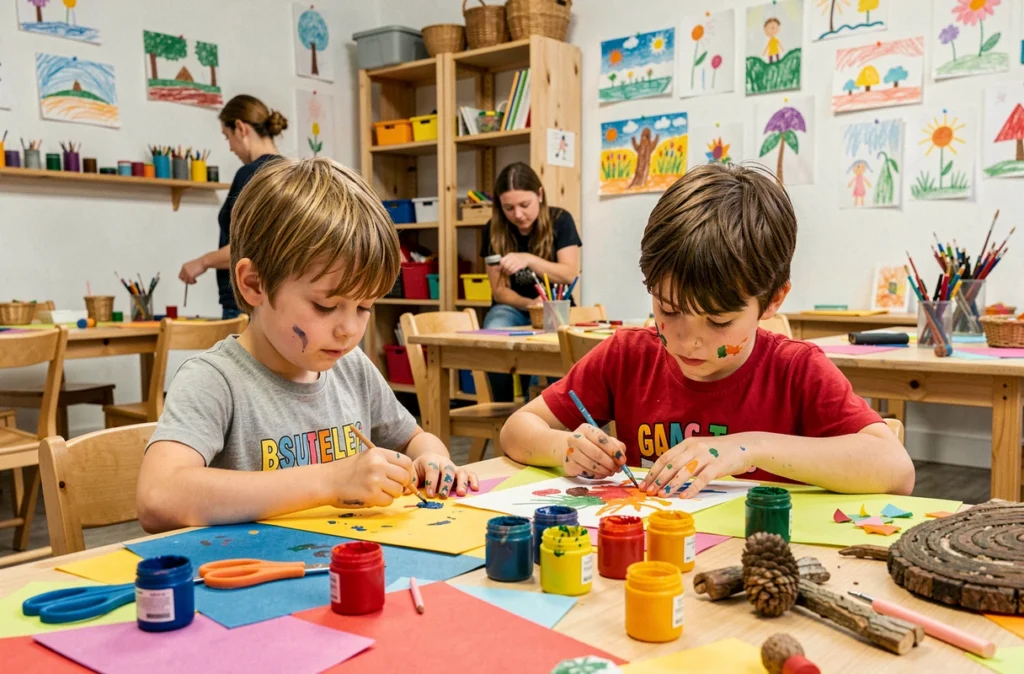 Deux enfants participent à un atelier créatif aux Ateliers de Caro, les mains couvertes de peinture