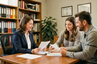 Conseillère en adoption discutant d'un dossier d'adoption avec un couple dans un bureau professionnel chaleureux