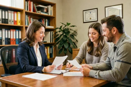 Conseillère en adoption discutant d'un dossier d'adoption avec un couple dans un bureau professionnel chaleureux