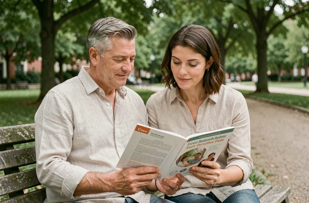 Couple lisant une brochure sur les alternatives d'adoption dans un parc urbain, partageant un moment d'espoir