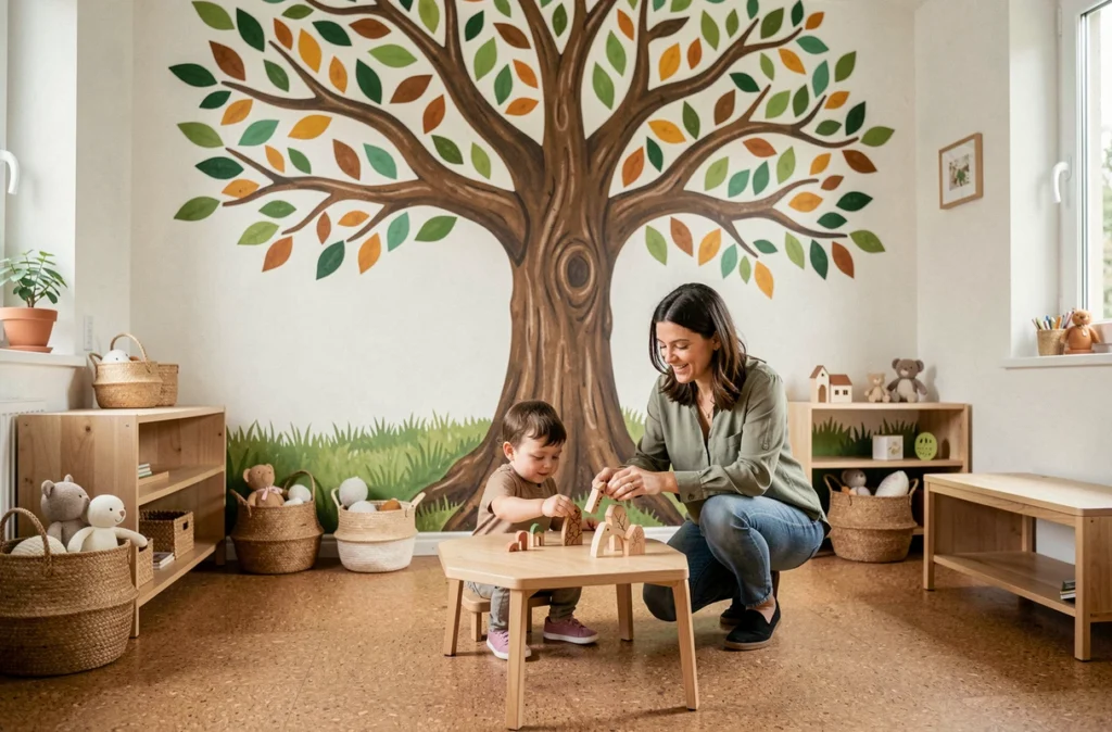 Grande fresque arboricole et espace naturel de la crèche L'Arbre de Vie à Romagnat