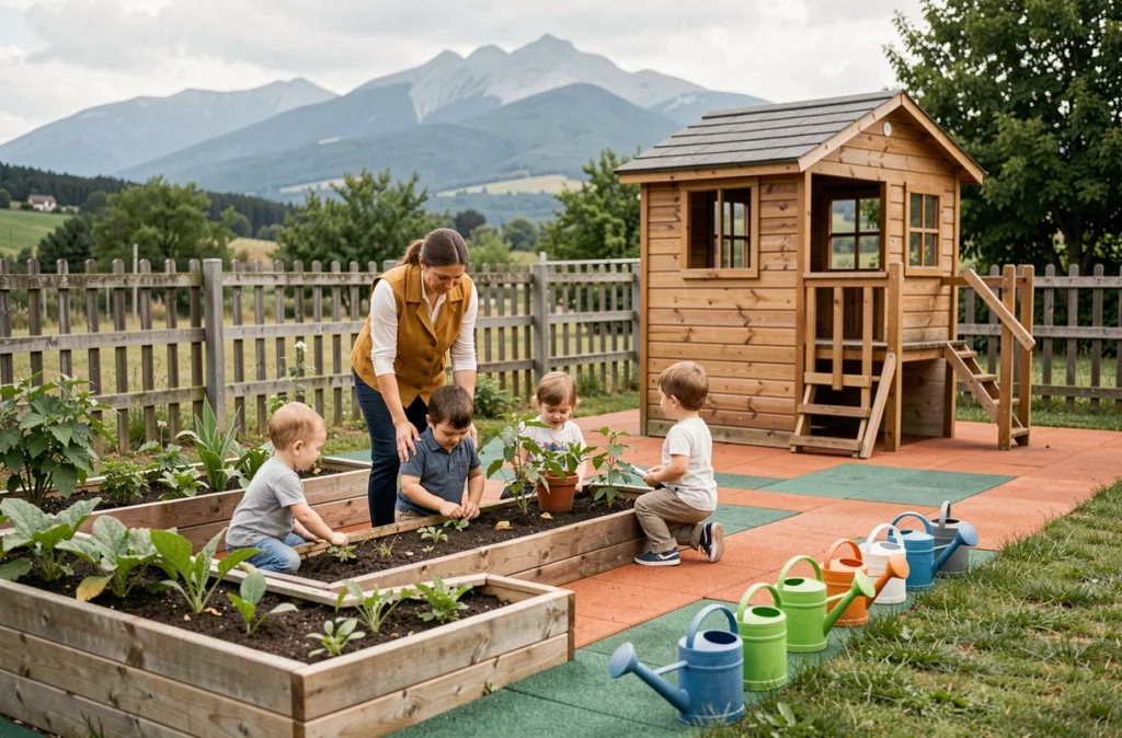 Jardin pédagogique extérieur de la crèche Babilou Riom Clos du Gamay 2 à Riom