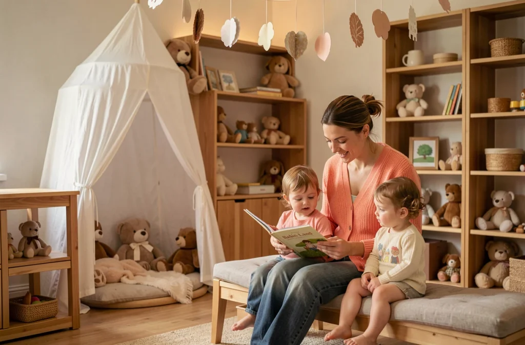 Éducatrice lisant une histoire à des enfants dans un espace cosy de la crèche Babis Land Nid'Anges à Cournon