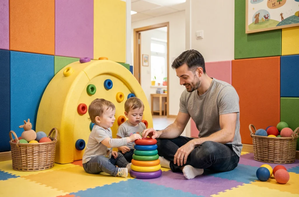 Éducateur animant un atelier sensoriel avec des enfants à la crèche Les P'tits As à Clermont-Ferrand