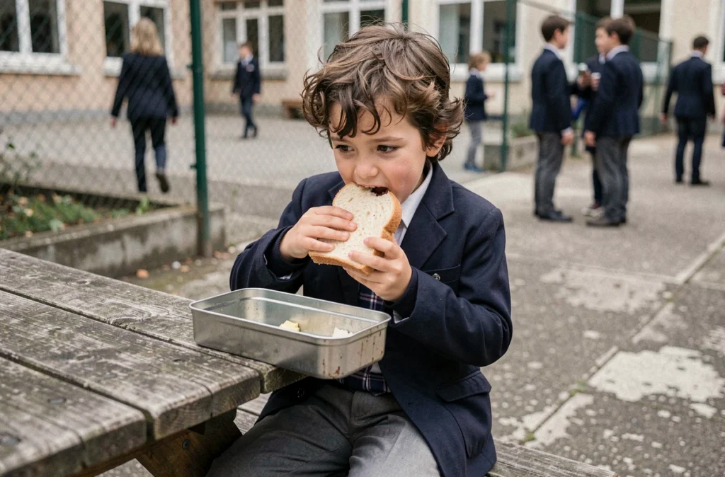Enfant mangeant un repas apporté de la maison dans la cour d'école pendant une grève de la cantine scolaire