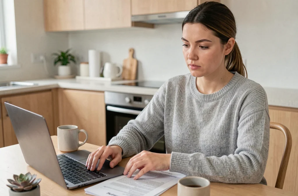 Femme étudiant les démarches administratives pour un projet d'adoption indépendante depuis chez elle