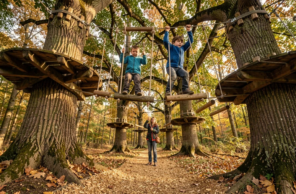 Une mère et ses deux enfants sur un parcours de cordes en forêt à La Forêt des Champos de Saint-Donat-sur-l'Herbasse dans la Drôme