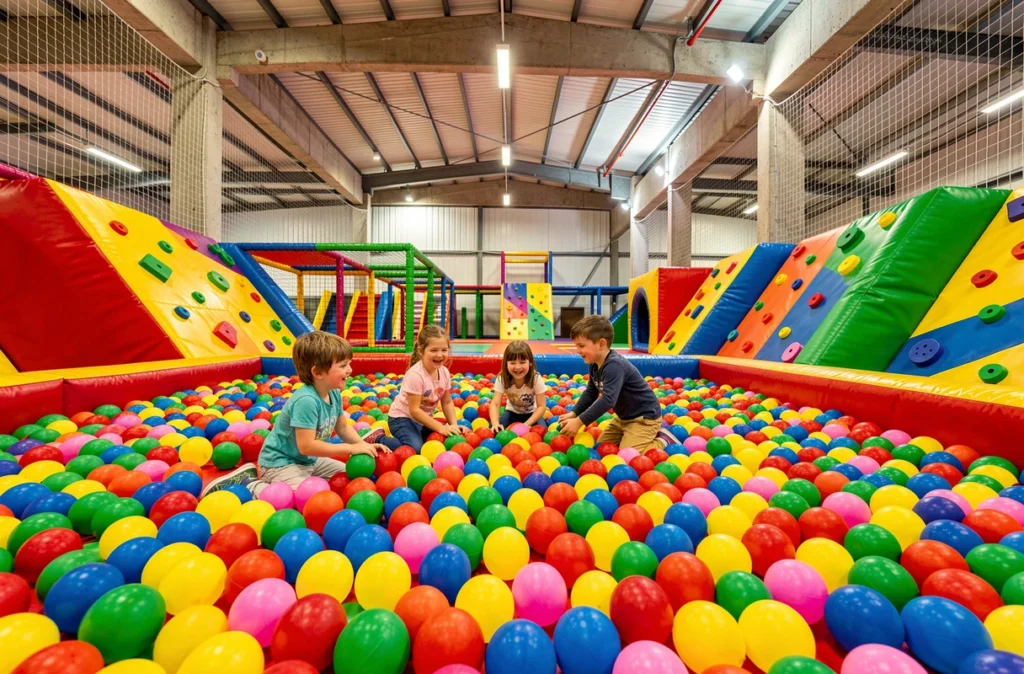 Des enfants jouant dans une piscine à balles colorée à L'Île aux Délires, parc indoor près de Sorbiers et Saint-Étienne