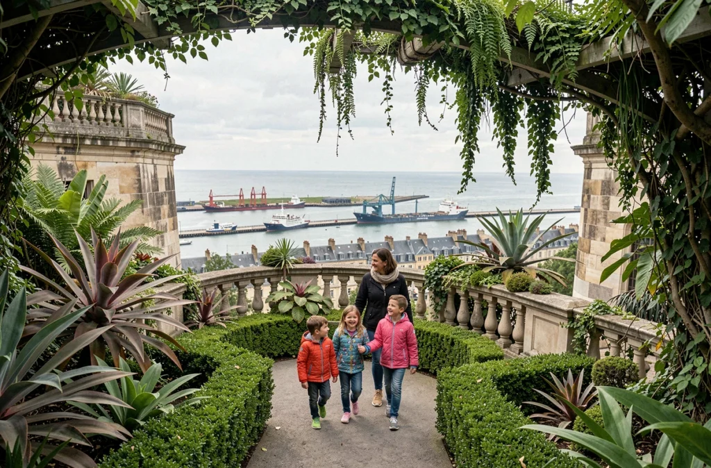 Une famille se promène dans les jardins suspendus du Havre avec vue panoramique sur l'estuaire de la Seine