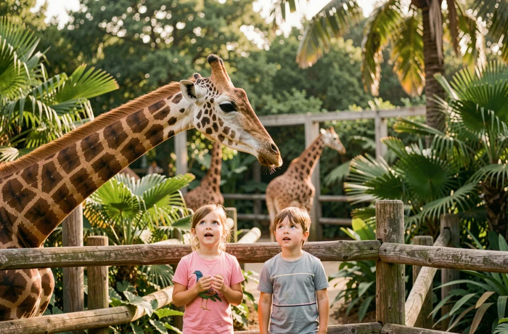 Deux enfants émerveillés observant une girafe par-dessus la clôture au parc animalier Le PAL dans l'Allier