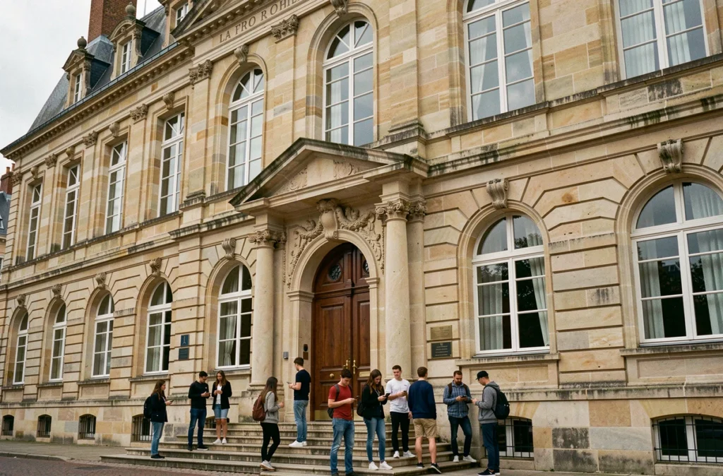 Façade du Lycée Fénelon à La Rochelle, bâtiment en pierre calcaire avec élèves devant l'entrée